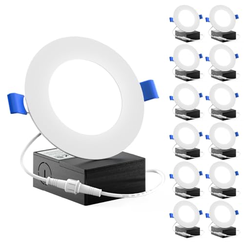 Sunco 12 Pack 4 Inch LED Recessed Lights, Slim Canless Ceiling Lighting, 650 LM, 10W (60W Equivalent), 3000K Warm White, Dimmable, Wafer Thin, Ultra Thin with Junction Box ETL.