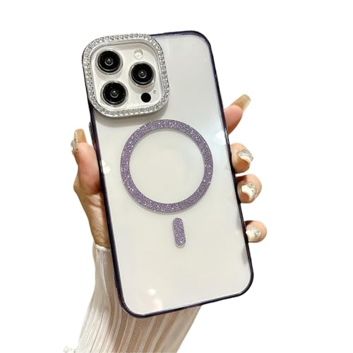 Compatibile con iPhone 15 Pro Max trasparente con lente di diamante glitterata antigraffio per 15 Pro Max tpu viola