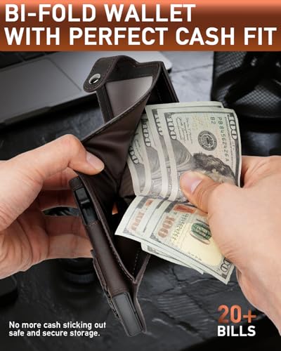 LIUGX Mens Wallet Set with Keychain, Slim Bifold Leather RFID Minimalist Wallet with Pop Up Card Holder, Holds 20 Cash Bills & 12 Cards, SD & Nano Sim Slots, Snap Closure, Crazy Horse Leather Brown3