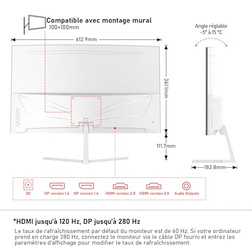 Gawfolk Écran PC 27 Pouces incurvé 280Hz Gaming Computer Moniteur, 1800R,1ms，FHD 1080p, 178 ° Grand Angle,Ultra - Mince Lunette, HDMI、DisplayPort,Compatible avec Montage Mural 100 * 100mm- Blanc - 6