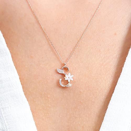 Işıltılı Manolya Çiçeği S Harfi Rose Renk Gümüş Harfli Kolye - Görsel 2