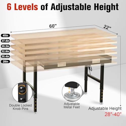MUWOOD 60\" Workbench with Drawers, Work Benches for Garage with Strip Light, Adjustable Work Table with Large Pegboard, 2000 LBS Heavy Duty Table with Power Outlet Rubber Wood for Garage, Office