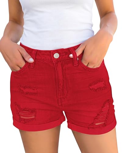 Luvamia Womens Ripped High Waisted Denim Shorts - Stretchy Cuffed Hem Jean Shorts in Red Size Large/12/14