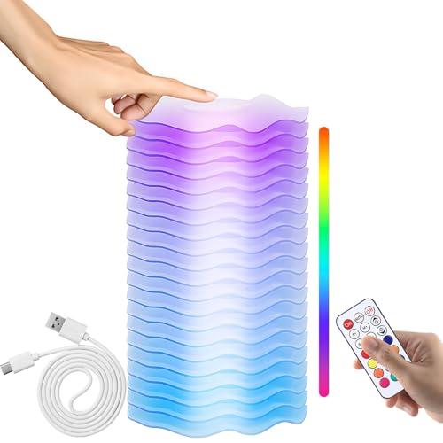 Lámpara Nocturna LED, Lámpara Táctil con Control Remoto, 8 Niveles de Brillo Blanco Cálido y Cambio de Color RGB, Batería Recargable, Diseño Ondulado para Dormitorio Infantil y Sala de Estar