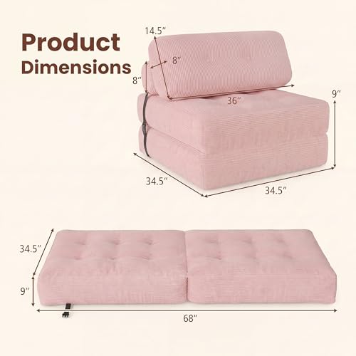 Image of COSTWAY Folding Sofa Bed with Pillow, Convertible Couch (Pink) | with Backrest & Fixing Straps, Boneless Convertible Sleeper Chair for Adults, Guest Use, Living Room