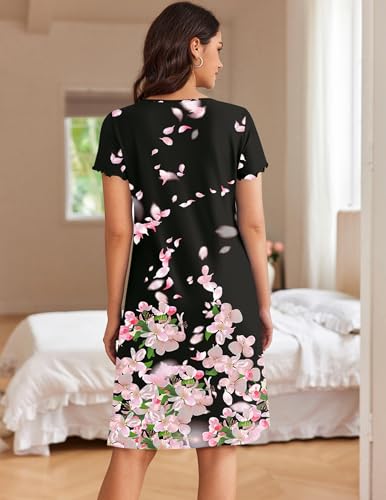 Image of Ekouaer Women's Nightshirt Short Sleeve Button Down Nightgown V-Neck Sleepwear Pajama Dress