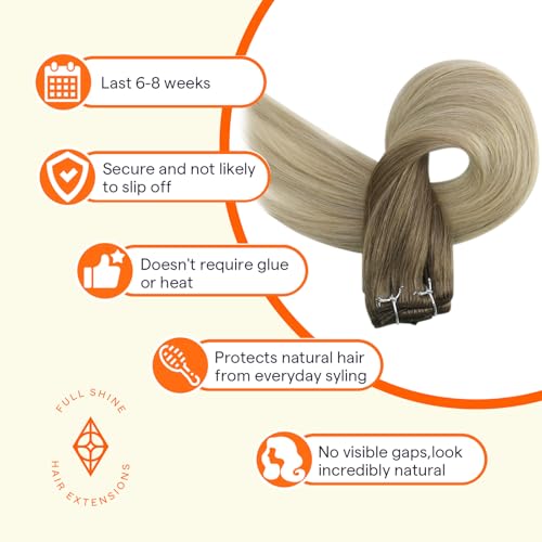 Image of Full Shine Weft Hair Extensions Human Hair 12 Inch 80G, Straight Hair Weft | Brown To Ash Blonde Mix Platinum Blonde, Ombre Sew In extensions, remy Human Hair, Balayage Styling