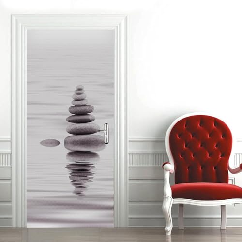 Stickers Porte Zen Sticker Porte Trompe L'oeil Pierre Grise 3D Poster Porte Mural Papier Peint Auto Adhésif Autocollants de Décoration pour Porte 77x200 cm...