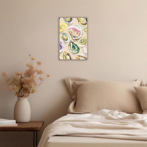 Image of Colorful Oyster Shell Poster Abstract Beachy Shell Canvas Wall Art Retro Summer Coastal Shell Picture Aesthetic Prints Painting For Home Living Room Kitchen Restaurant Wall Decor 8x12in Framed