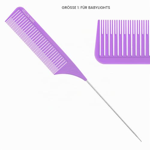 Foto von Vellen Hair Strähnenkamm Set, hitzebeständig aus PEI-Material 220 °C, Professionelle Strähnchenkämme für Balayage, Stielkamm – 5 Größen (Pink Lila)