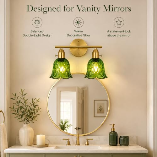 Image of 2-Light Hardwired Wall Sconces Set of Two, 14.17 inch Gold Bathroom Sconces with Clear Green Glass, Vintage Sconces Wall Decor Set of 2 Wall Light fixtures for Bathroom Mirror Living Room Hallway Bedroom