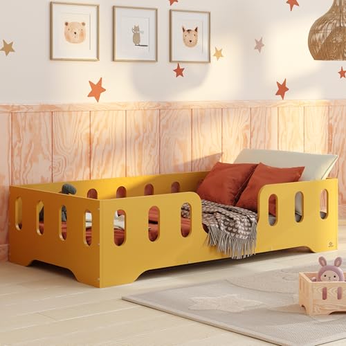 smartwood Letto Montessori 120x200 Letto per Bambini in Legno FSC Colore Giallo TILA 2 con Sponda Anticaduta e Rete a Doghe Fino a 300 kg – Per Bambino e Bambina – Montaggio Facile