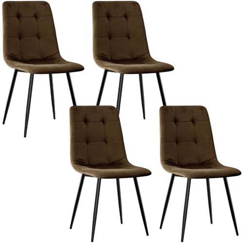 JIJIAN 4er Set Esszimmerstühle, Gepolsterte Küchenstühle mit Samtbezug und Schwarzen Metallbeinen, Schachbrettmuster, Stühle für Esszimmer Wohnzimmer Küche, Braun