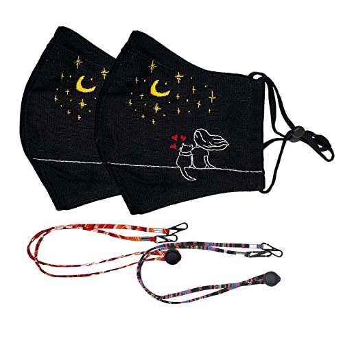 2 PCS | HANDMADE REUSABLE FACE MASK for Cat Lovers - A Black Washable Linen Cloth Face Masks Pack with Hand Embroidery Cat-loving Décor, Build-in Nose Wire & Breathable Designs – from PUSSOUL