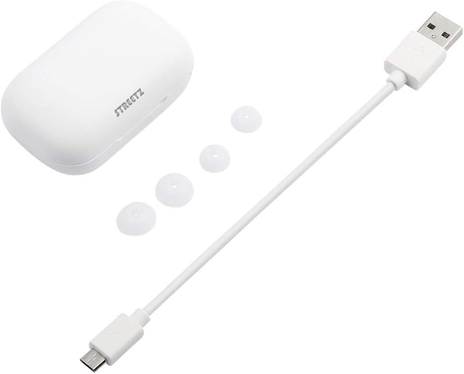 STREETZ TWS-111 Earbuds package contents: charging case, micro USB cable, and various sizes of ear tips.
