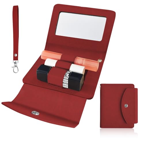 LAOTANGJIA PU Lipstick Case Holder with Mirror,Holds 4pcs of Long Lipsticks,Lipstick Holder Makeup Travel Cases Organizer Bag for Outside Mini Bag Pouch for Gift Women-Red