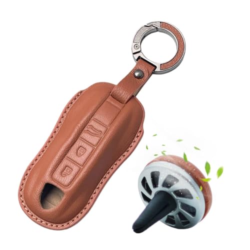 Image of Keyzone Premium Leather Key Cover & AC Vent Car Perfume Combo (4 Fragrances) | Compatible for Porsche Taycan, Cayenne, Panamera, 911, Carrera 3 Button Smart Key (Brown)