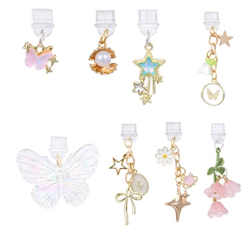 8 Pcs Dust Plug Charms Star Butterfly Bow Flower Shell Design USB C Anti-Dust Plug Type C Port Protector Covers Cell Phone Charging Port Decorating Accessories for Type-C Device Laptops Tablet Readers