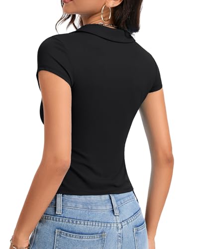 Womens Collared Shirts Fitted Polo Shirt Short Sleeve V Neck Summer Tops3