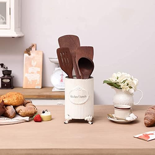 NIKKY HOME Vintage Metal Utensil Holder Container for Kitchen Tools, White
