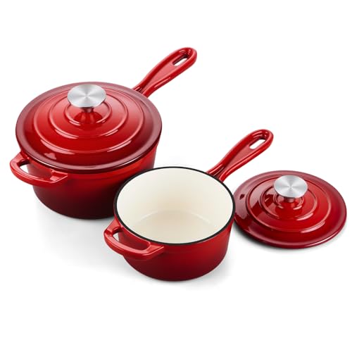 Onader Enameled Cast Iron Sauce Pan, 1QT & 2QT Small Saucepan Set with Lid, Cast Iron Sauce Cooking Pot, Enamel Dutch Oven, Nonstick & Induction Compatible – Red