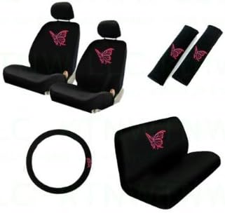 11 Pieces Auto Seat Covers Gift Set: 2 Low Back Front Bucket Seat Covers with Separate Headrest Cover, 1 Steering Wheel Cover, 2 Shoulder Harness Pressure Relief Cover, and 1 Bench Cover - Butterfly Pink