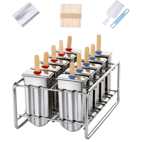 Lonrtesw 10 Moldes de Acero Inoxidable para Paletas de Helado con 1 Cepillo de Limpieza y 1 Rejilla.