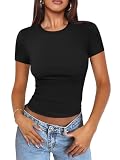 MIROMIHO Womens T Shirts Casual Basic Going Out Outfits Slim Fit Short Sleeve Spring Summer Crop Tops Crew Neck Tight Y2k Tops Teen Girls 2024 Black, Small