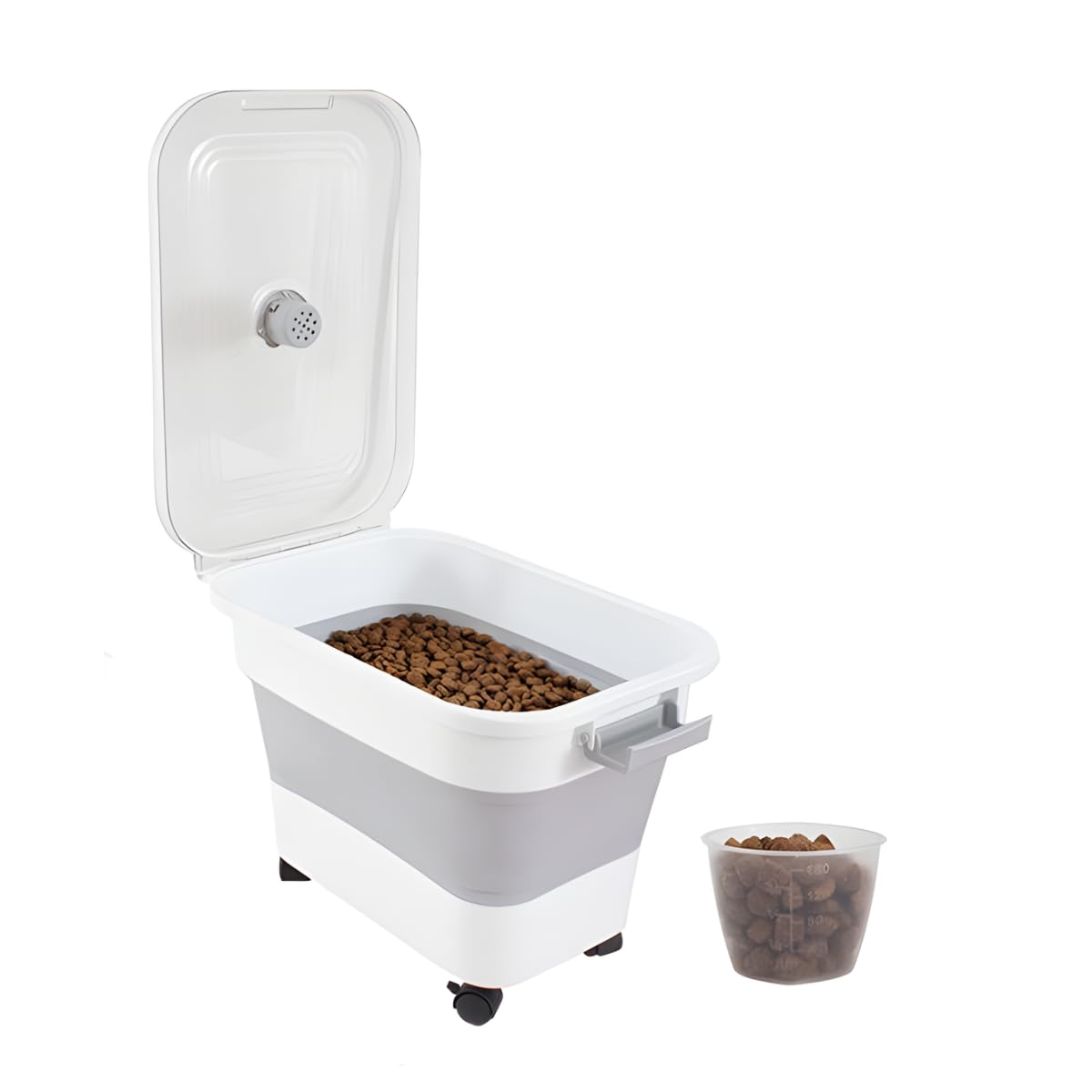 Yöl Grey Collapsible Pet Food Storage Container 20L With Airtight Lid And Wheels Space Saving Dry Food Bin With Scoop Moisture Compartment White For Dog And Cat Food Kitchen Storage