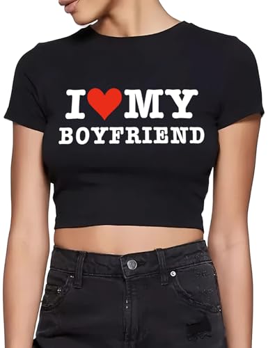 Funnydove I Love My Boyfriend Shirt Heart T Graphic Baby Tees for Women Tshirt Black