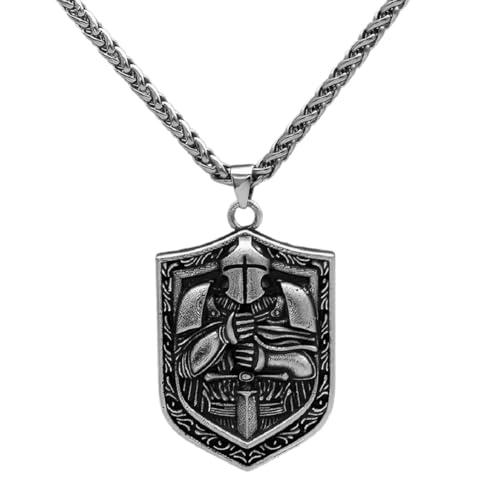 Knight Templar Shield Pendant Necklace for Men - Medieval Crusader Sword Charm - Men's Warrior Jewelry Punk Style (Silver)
