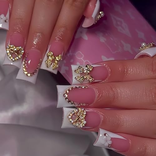 Image of White Press on Nails French Tip Fake Nails Duck False Nail with Charms Design Bow Heart Glue on Nails Glossy Full Cover Artificial Acrylic Nude Stick on Nail for Women Girls Manicure 24Pcs
