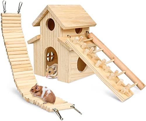 Hamster Toys House 3 Pack Guinea Pig Toys Hamsters Climbing Ladder Brige Natural Wooden Funny Play Toy Chews for Small Animals Rat Mouse Hideouts