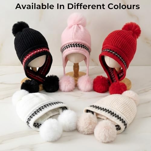 Image of Kraptick Children's Winter Cap: Velvet Thick Warm Woolen Knit Hat with Ear Protection for Children Stylish Korean Beanie with Long Pompom Ears & Fleece Lining Perfect for Winter -4