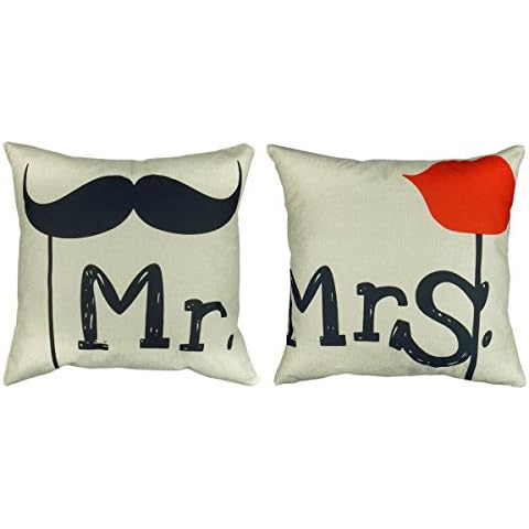 Luxbon Set of 2 Pcs Mr and Mrs Cushion Covers 18x18 Couple Sofa Throw Funny Flower and Mustache Decorative Pillowcase 45x45cm Cotton Linen Cushion Case Covers Wedding Gifts Home Decors Cover