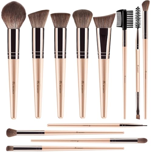 BEAKEY 12pcs Vegan Makeup Brush Set Soft high-density Taklon fibers,durable birch handles,zero shedding,easy to clean,perfect for creating any look Gold