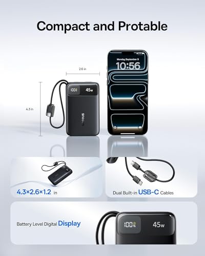 Image of Baseus 20000mAh Compact Portable Charger 45W, CCC Certified Power Bank Built-in USB-C Cables, Travel Essential PD Fast Charging Battery Pack for iPhone 17 /16 Series Galaxy S25 /S24 Ultra Google iPad