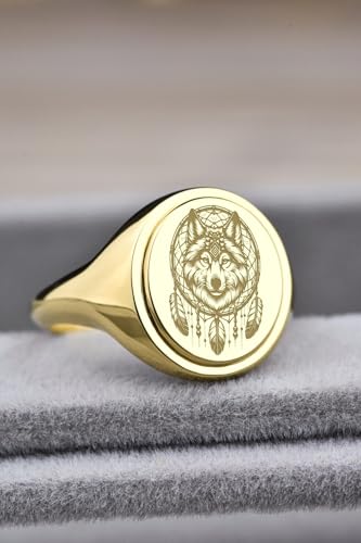 Bague loup en argent 925 et or avec chevalière gravée main