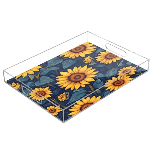 Msyxl Sunflowers Pattern Serving Tray for Coffee Table, Decorative Acrylic Tray Sunflowers Pattern Tray with with Handles for Breakfast, Ottoman, Countertop, 12x16 in