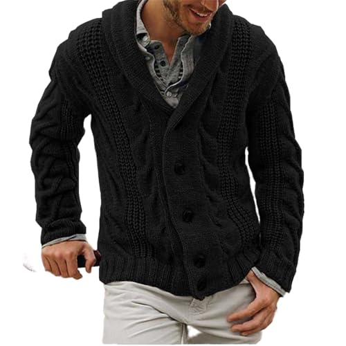 Mens Casual Cable Knitted Sweaters Plus Size Shawl Collar Button Long Sleeve Cardigan Fall Winter Warm Sweater