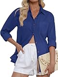 Blue Button up Shirt Women Linen Cotton Muslin Blend Long Sleeve Blouses Tops Loose fit Dressy Casual Coastal Grandmother Clothing Travel Office Resort Attire Date Night peacork Blue Size M