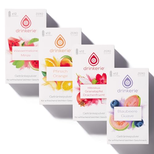 drinkerie® Getränkepulver Zuckerfrei (Mix Paket) - 48 x 500ml erfrischender Genuss in 4 fruchtigen Sorten - Wasser Geschmack ohne Zucker - 100% plastikfrei - Instant Getränkepulver mit Vitamin C
