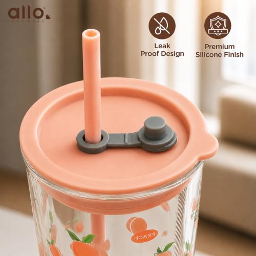Image of Allo Reusable Glass Mug Sipper Tumbler with Straw, Unique 2 in 1 ANTI Spill Lid | Microwave Safe Leakproof Glass with Anti-Slip Grip for Hot & Cold Coffee| Car, Office, Travel use | 450ml (Pink Peach)