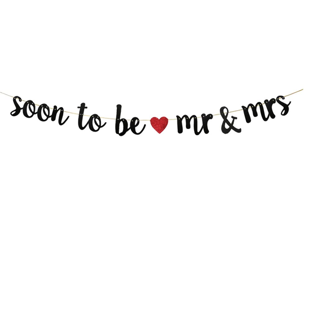 Soon To Be Mr & Mrs Banner,Black Glitter Paper Sign foy Engagement Bridal Shower Bachelorette Wedding Party Decorations.