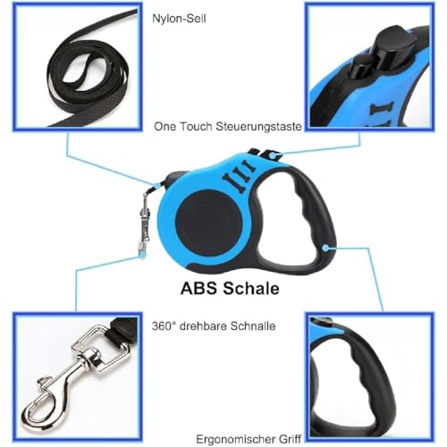 Hundeleine,5 m Einziehbar Hundeleine,Hundeleine Ausziehbar mit Anti-Rutsch Griff,Hundeleine Gurt Rollleine für Training und Spaziergänge für Kleine und Mittelgroße Hunde bis 15kg (Blau)