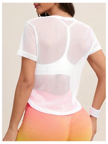 SweatyRocks Women's Mesh Workout Tops Short Sleeve Round Neck Fishnet Cover Ups Tee Shirt2