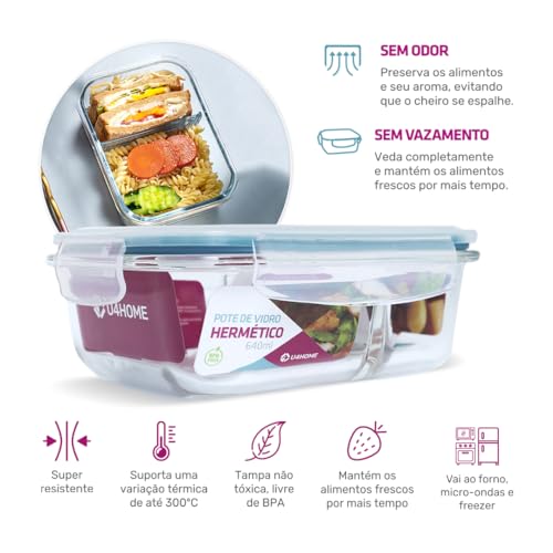 Kit 5 Pote de Vidro Retangular com Divisória 640ml Azul