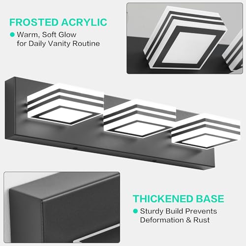 Image of SOLFART LED Bathroom Vanity Light Fixtures: 3 Light Matte Black Modern Acrylic Bathroom Wall Lighting Fixtures Over Mirror Cool White 6000K