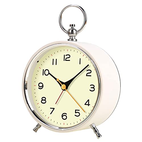 Shisedeco Analog Round Alarm Clock Battery Operated With Nightlight/Snooze Function,Non Ticking Silent Retro Crescendo 4 Inches Small Simply Design Table/Desk Clock For Bedroom Living Room(White) #TOP17