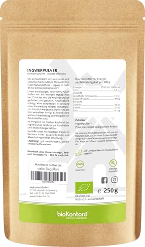 Ingwerpulver BIO gemahlen 250 g I 100% natürlich und rein - ohne Zusatzstoffe I Ingwer gemahlen in Rohkostqualität von bioKontor